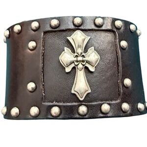 BKE Electric Studded Leather Cross Cuff Bracelet Black Silver Goth Punk Rocker